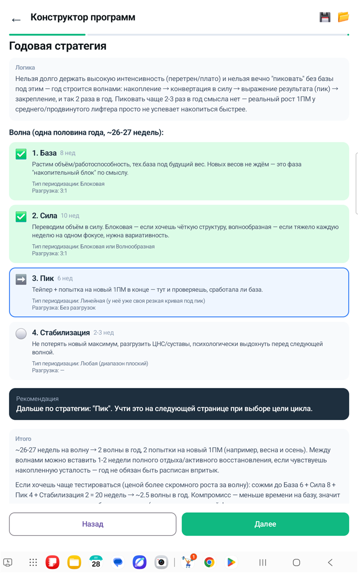 Годовая стратегия — волна База/Сила/Пик/Стабилизация, реальный скриншот SmartGym VBT